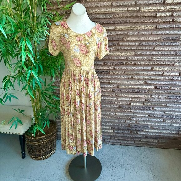 Jane Ashley Vintage 90s Gold Beaded Floral Grunge Back Tie Dress Size Small - Picture 13 of 13